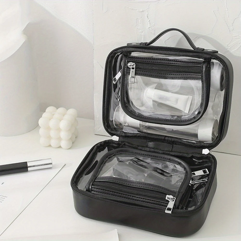 Grand sac de maquillage étanche avec poignée, 2 couches, organisateur de voyage transparent pour rouges à lèvres et articles de toilette, plastique inodore