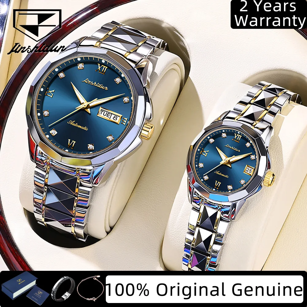 JSDUN 8813 Couple Watches Sapphire Mirror Mechanical Watch Waterproof Luminous Luxury Calendar Wristwatch Tungsten Steel Strap