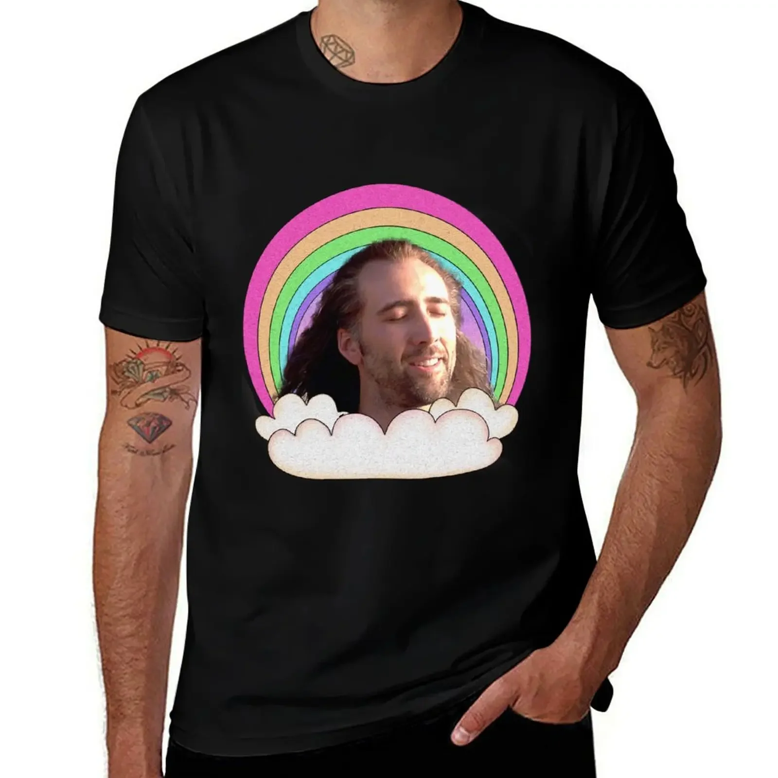 

nicolas cage is happy T-Shirt oversized graphic tee sports fans graphic shirts plain black t shirts men