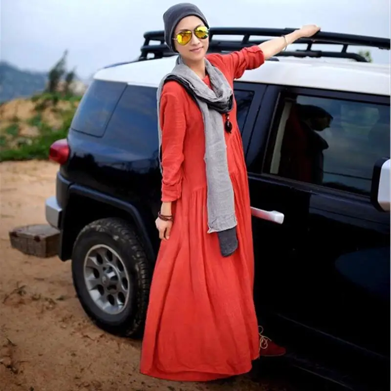 2026 Spring and Autunm Dresses Vintage long Sleeve Robe Long Loose Women Dress Casual muslim Maxi Artificial cotton Linen Dress