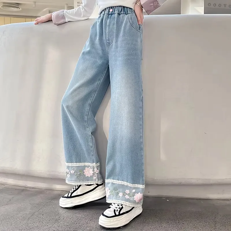 Sweet Style Girls Straight Cut Jeans with Lace Flower Kids Soft Trousers Jeans Floral Spring Fall Denim Pants For Teenager Child