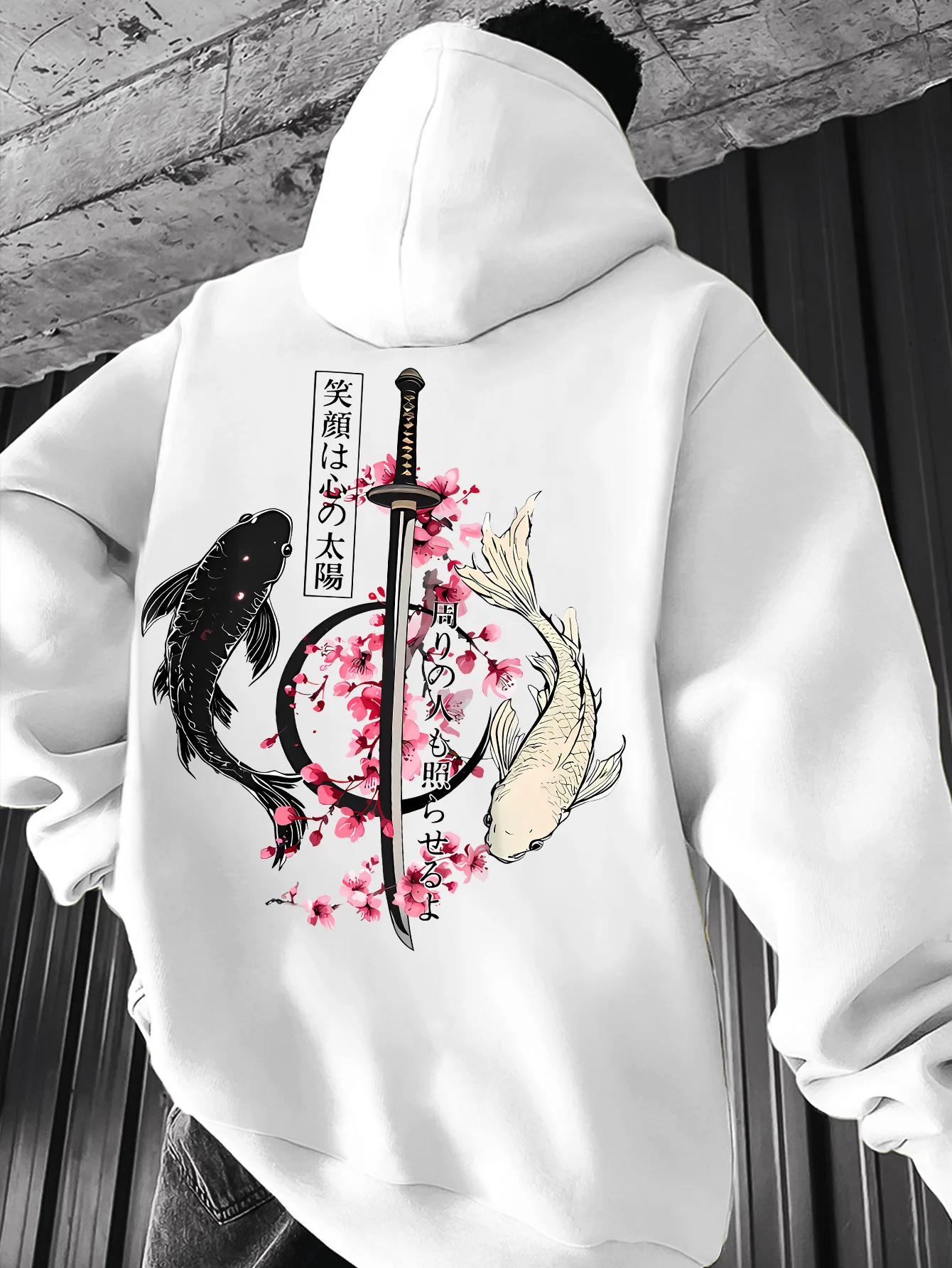 Trendy Japanese-style Yin-Yang Carp Men's Hooded Sweatshirt with Samurai Sword and Cherry Blossom Japanese Textile Print