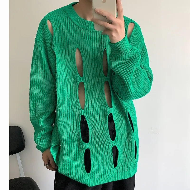 Autumn Japanese Trend Lazy Style Hollow Knitted Sweater Men's and Women's Long Sleeved Loose Jumpers Soft Casual Ripped Sweater