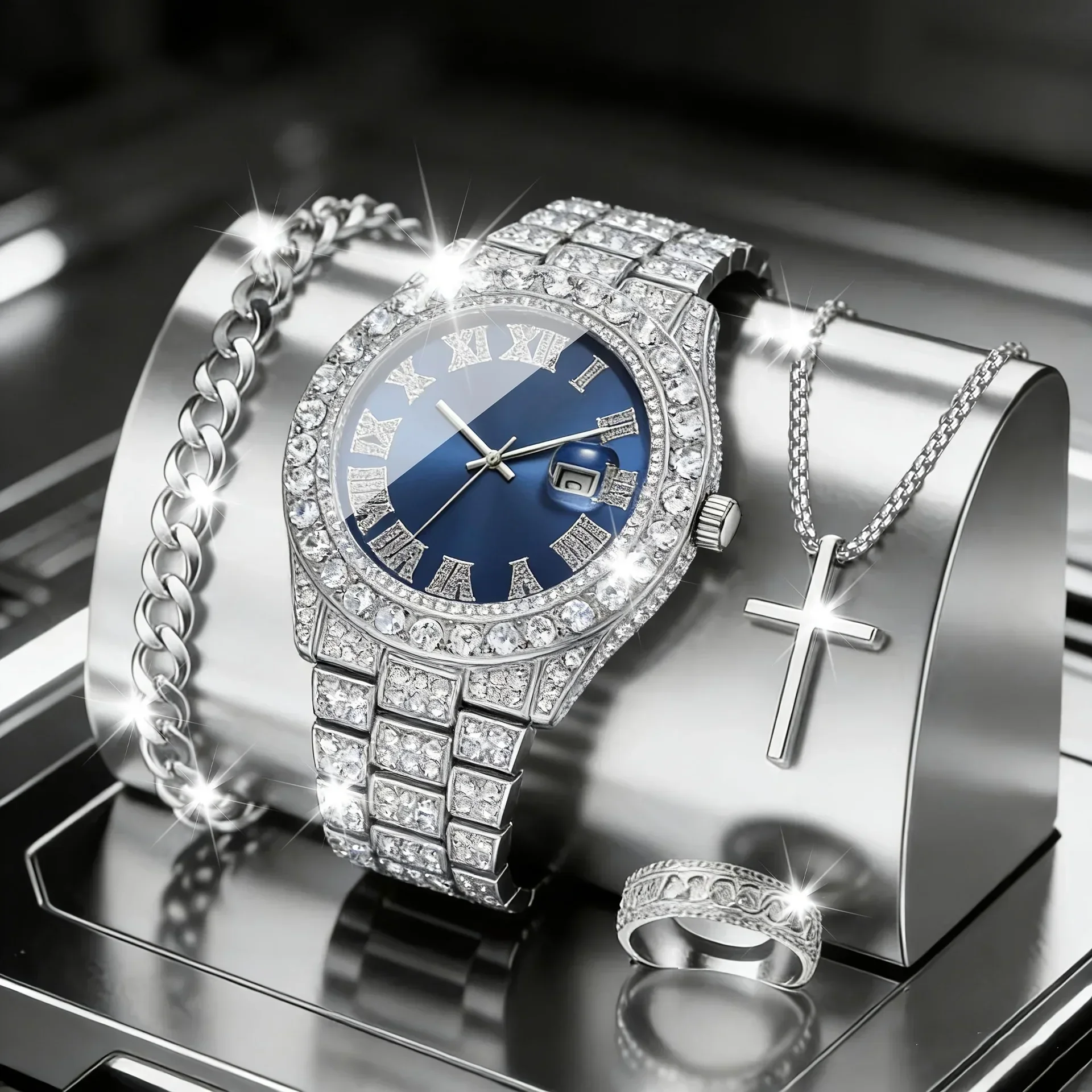 4pcs Foreign Trade Hot Men's Watch Set Hip Hop Full Diamond Quartz Watch Set Men's Business Quartz Watch