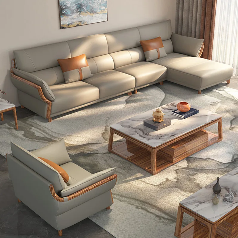 النمط الصيني الجديد، خشب الأبنوس، الجلود، الأريكة، المجموعة، الصف المستقيم، غرفة المعيشة، الفيلا، بسيط