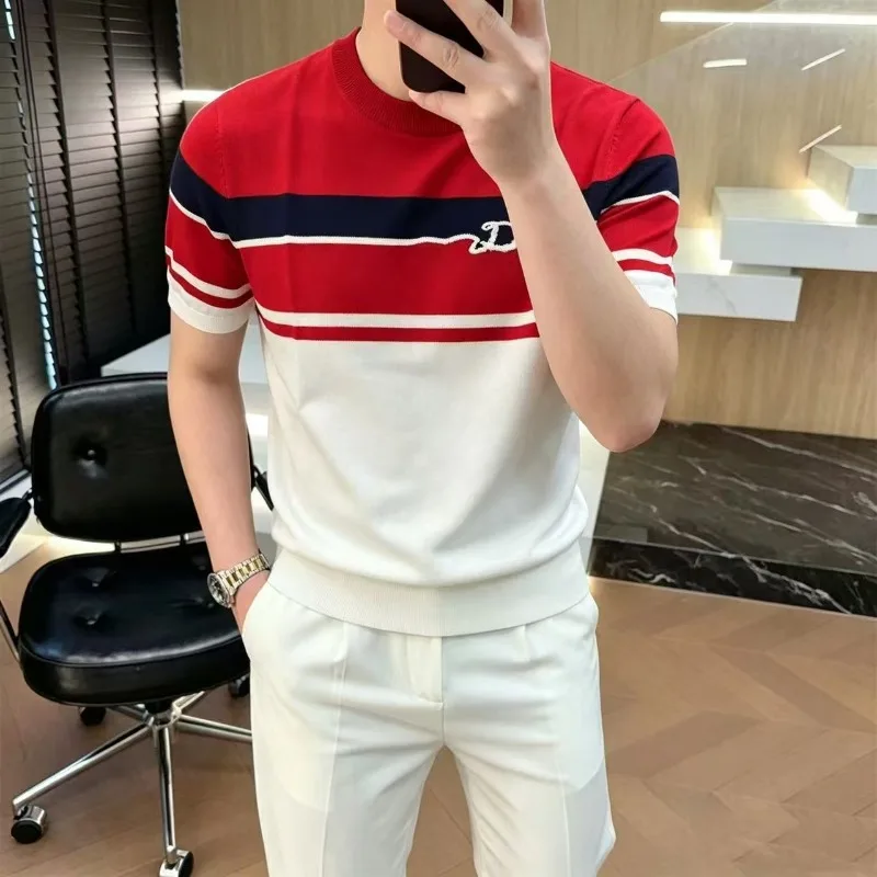 2026 Summer Knitted Short Sleeved T-shirt for Men Luxury Striped Casual Business T-shirts Ice Silk Round Neck Versatile T-shirts