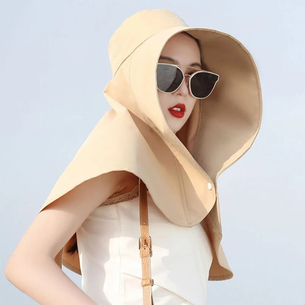 New Large Brim Sun Hat Anti-UV Neck Guard Shawl Sun Protection Cap Face-covering With Snap Button Fisherman Hat Surprise Gift