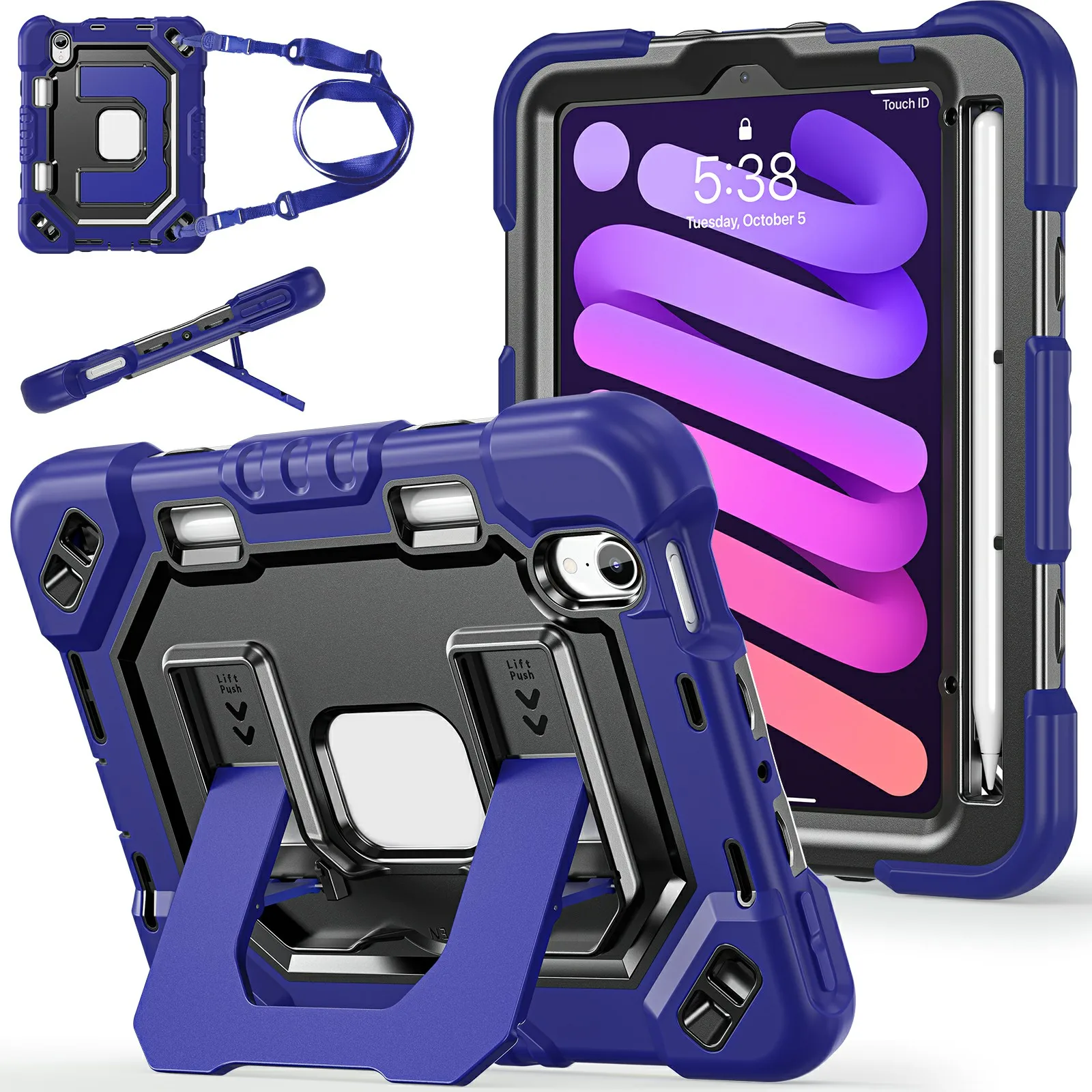 For iPad mini (2024) / (2021) Case Shockproof PC + TPU + Silicone Protective Cover with Shoulder Strap / Pen Holder - Navy Blue+