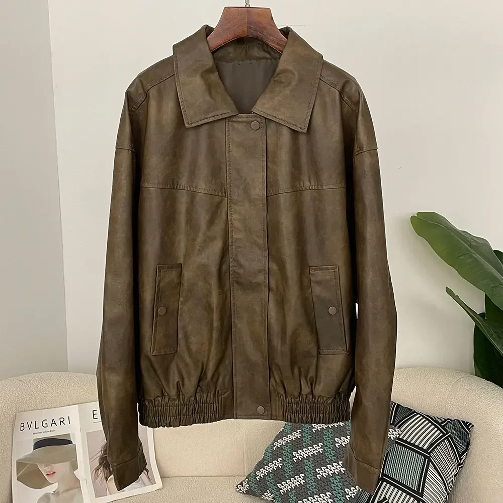 Premium Vintage PU Leather Daily Simple Clean Coat Women's Artifical Leather Jacket Casual Streetwear Fashion New Outerwears