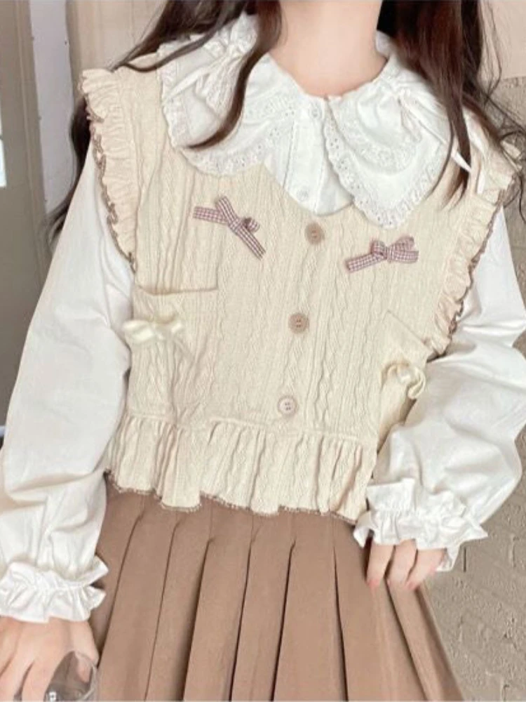 KOSAHIKI White Shirt Kawaii Peter Pan Collar Preppy Style Blouses Woman Sweet Ruffle Long Sleeve Tops 202 Fashion Lolita Clothes