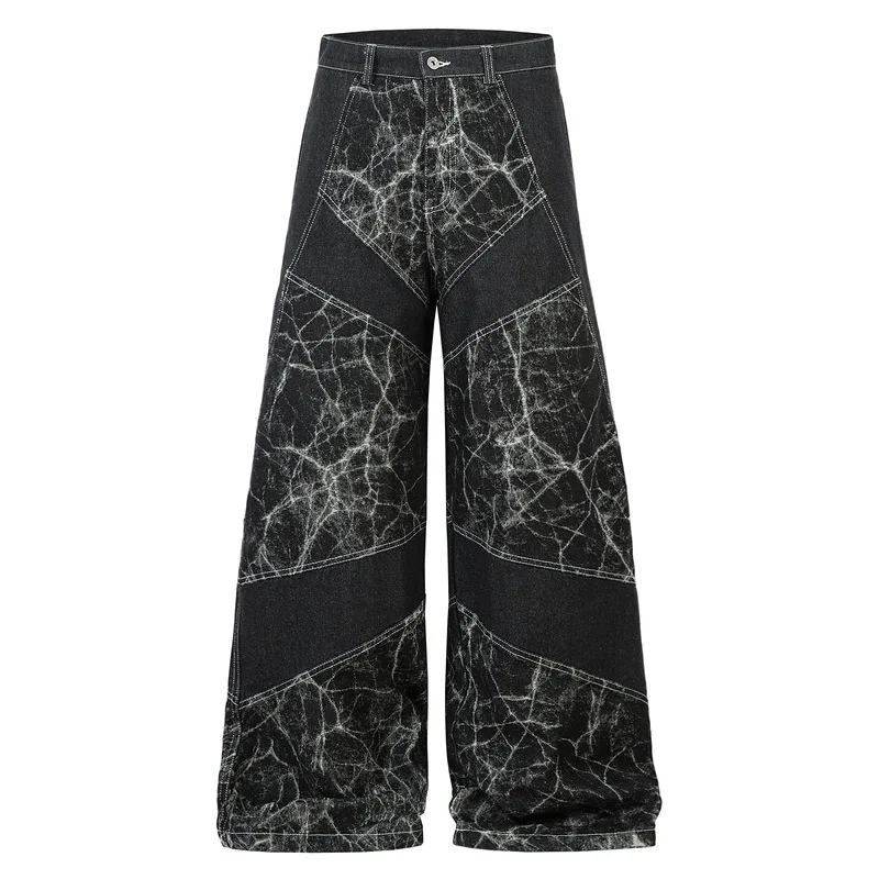 

Мужские широкие джинсы с усиленной зигзагообразной панелью, острая уличная одежда, свободная посадка, унисекс, джинсовые брюки в готическом стиле