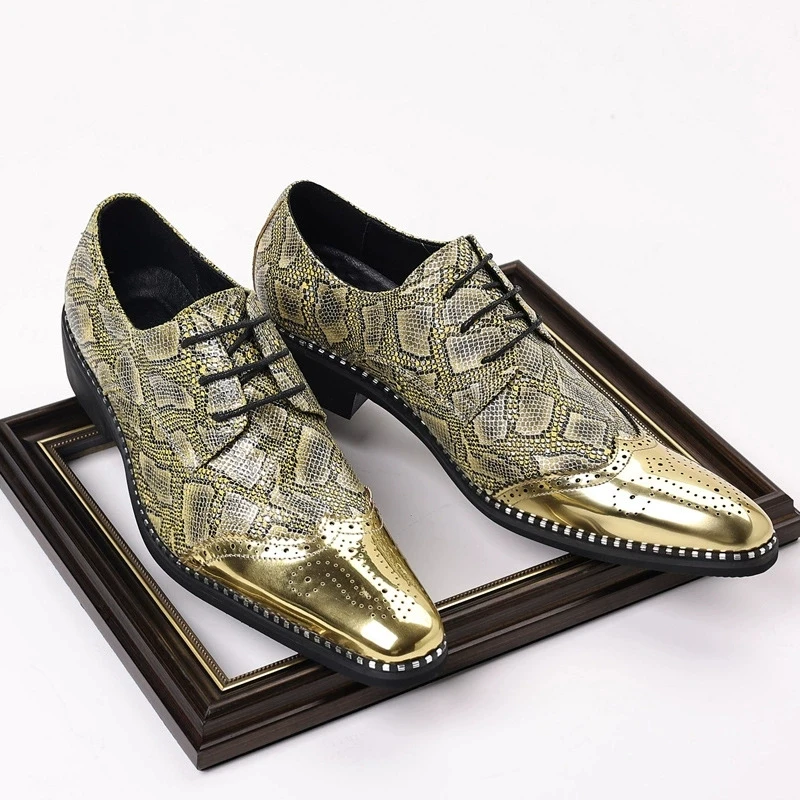 Luxury Snake Print Formal Men Derby Dress Shoes Classic Dress Loafers Lace-Up Silver Golden Male Causal Footwear