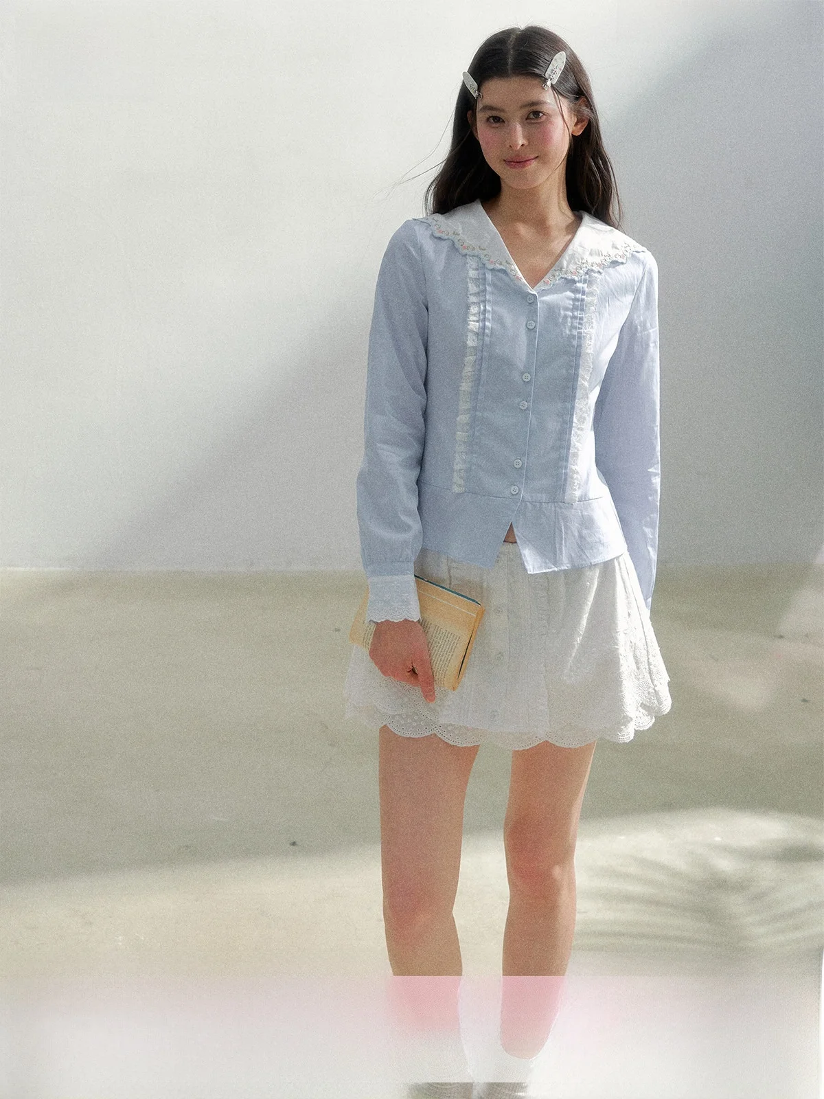 

Spring Summer Navy Collar Embroidered Long Sve irt Women's Faion Cotton irt SunsetPark Mid-century Sle Slim Fit