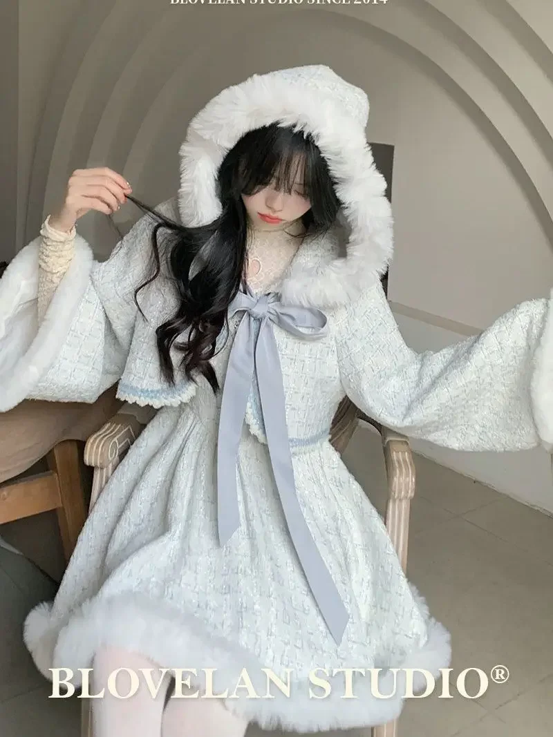 Coalfell Autumn Winter Light Blue Elegant Dress Plush Set Bow Cloak Lace Up Coat+Suspended One Piece Dress Fluffy Skirt Women