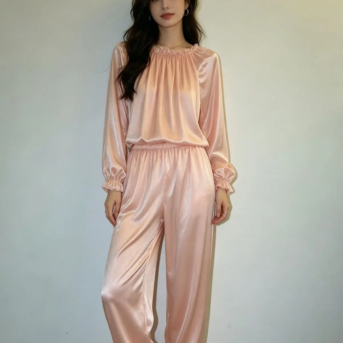 Unisex Long Sleeve Satin Silk 2 Pieces Set Glossy Ruffles Sleeping Plus Size Top Pants