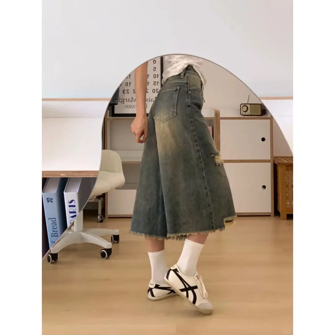

Petite Vintage Ripped Cropped Jeans Women Casual Loose High Waist Straight Wide Leg Pants Summer New