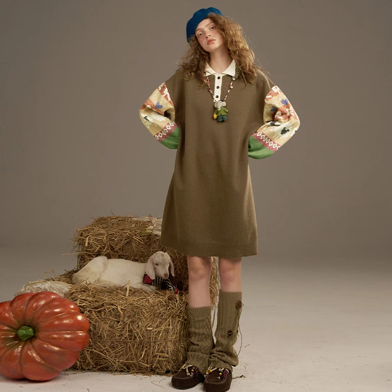 ELFSACK 2025 automne nouveautés décontracté Y2K Style campagnard Patchwork manches col à volants robe pour femme