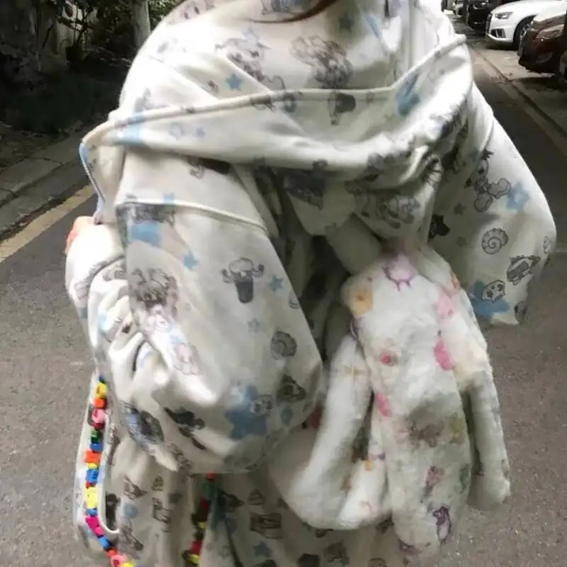 Japanese Cartoon Print Fluffy Chic Backpack Women Kawaii Cute Rabbit Ears Backpacks Girls Students Fashion Ins Schoolbags Trendy