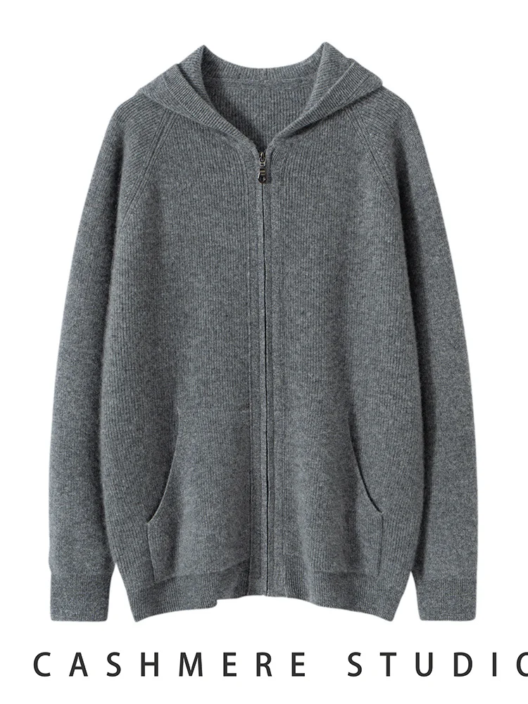 

Autumn Winter Men's Cashmere Sweater Zipper Hooded Cardigan Casual WIth Pockets 100% Cashmere Knitwear Raglan Sleeve Knit Tops