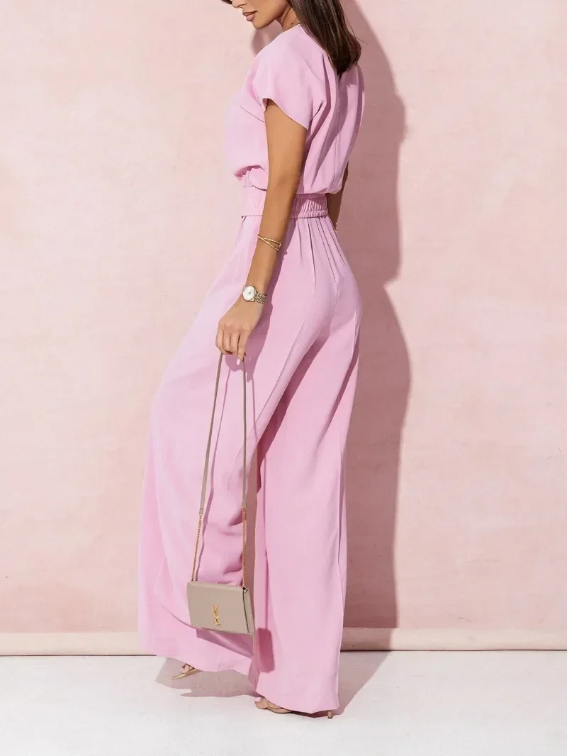 Spring Summer Women\'s Fashion V-neck Short Sleeve Jumpsuit Ladies  Casual Belt Solid Color Jumpsuit