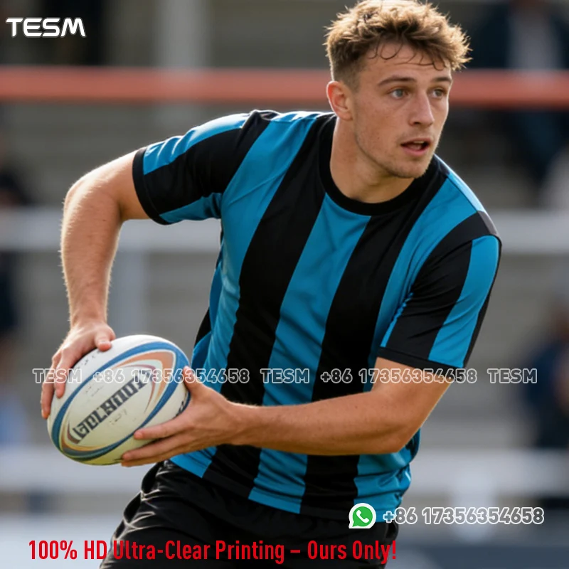 TESM Men Rugby Jersey Quick Dry Breathable Black Blue Striped Sports T-Shirt3D Print  Training Uniform Adult