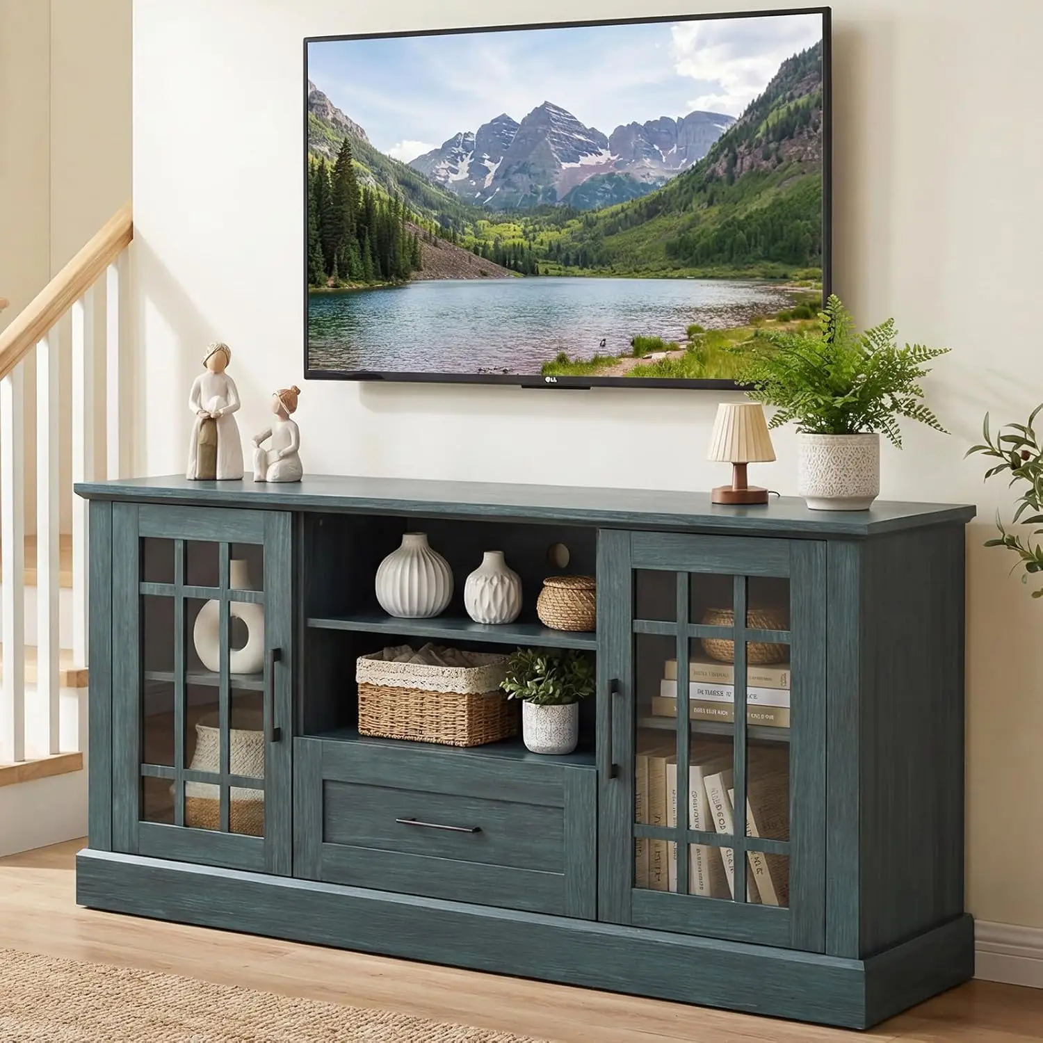 TV Stand 70in Console Glass Doors Removable Shelves Drawer Storage Living Room Bedroom White,Customized