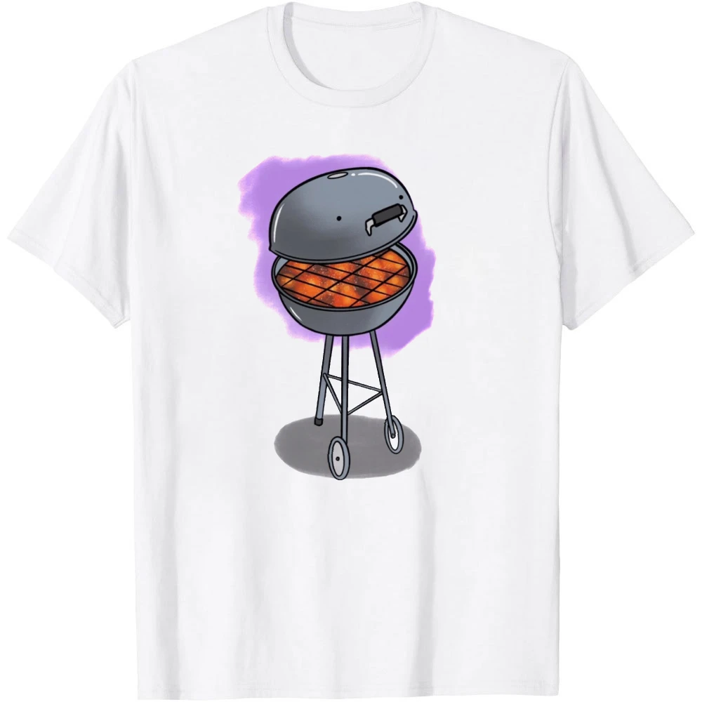 Kettle Grill Purple Watercolor Background Graphic Men Summer T Shirt Backyard BBQ Outdoor Cooking Simple Casual Short Sleeve Top