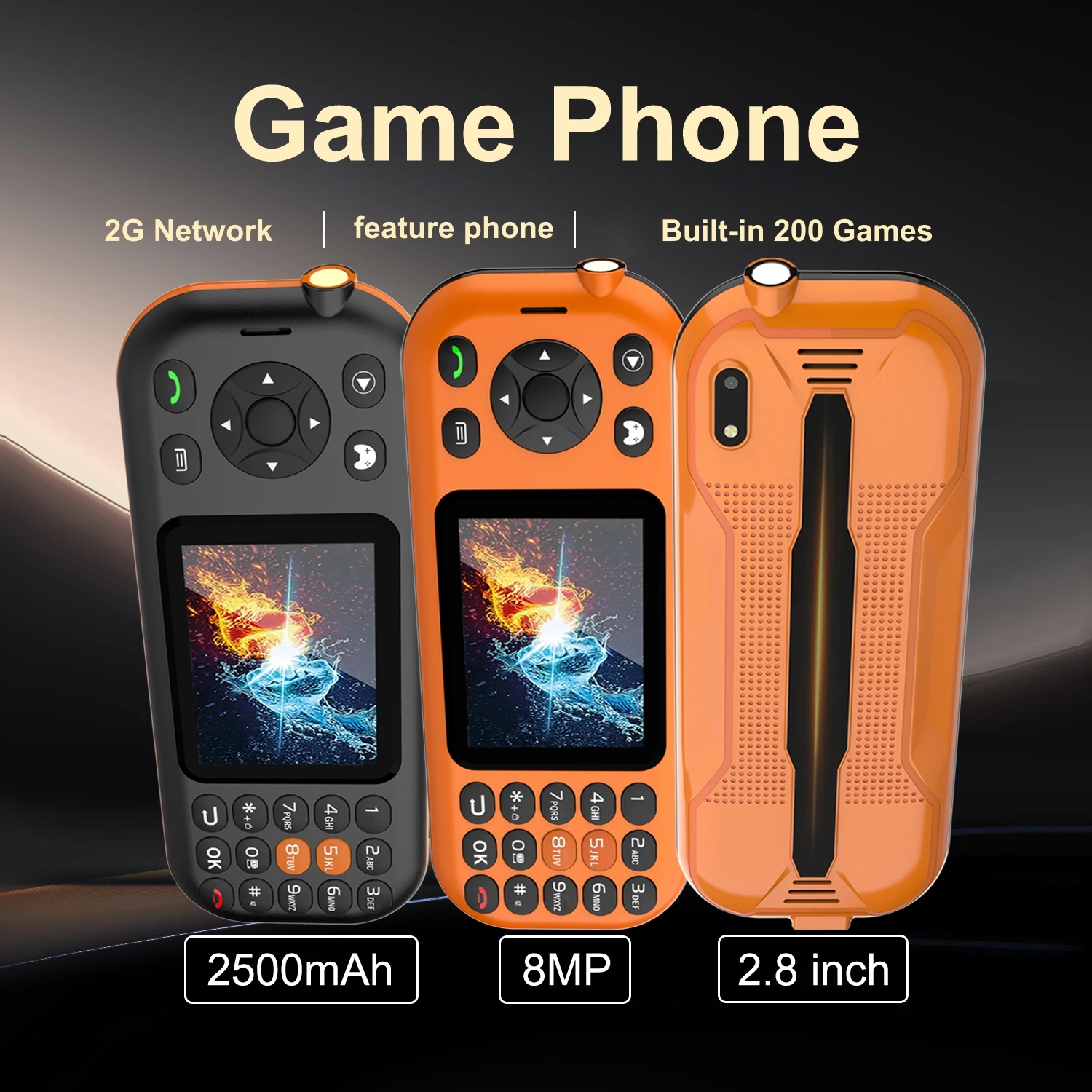 โทรศัพท์แบบปุ่มกด, โทรศัพท์เล่นเกมหน้าจอแนวนอน, รองรับสองซิม, หน้าจอ 2.8 นิ้ว, เกมในตัว 300 เกม, แบตเตอรี่ 2500mAh, อายุการใช้งานแบตเตอรี่ยาวนาน