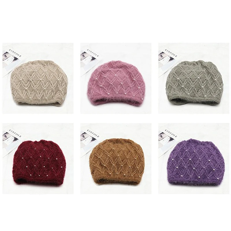 Winter Knitted Beanie Women Ladies Casual Outdoor Warm Skullies Cap Rhinestone Knitting Hats Female Solid Color Anti-shrink