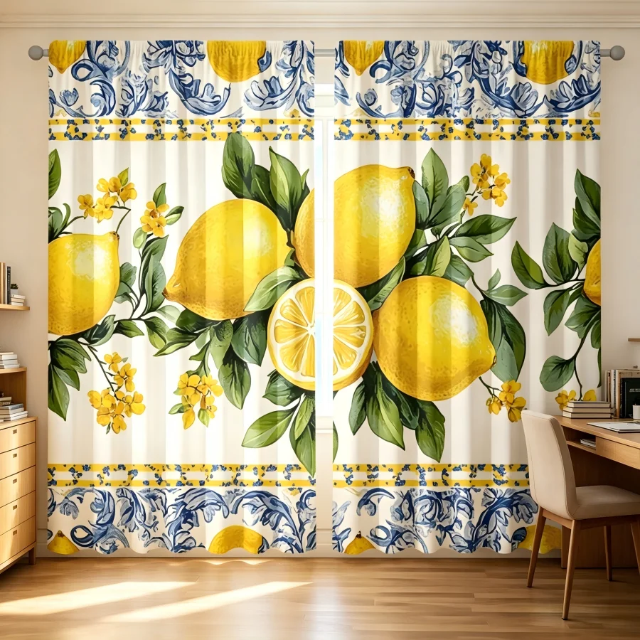 2PCS Digital Print  Curtain, Blue Porcelain Lemon, Bohemian Style  Curtain Panel for Home Living Room Bedroom Decor