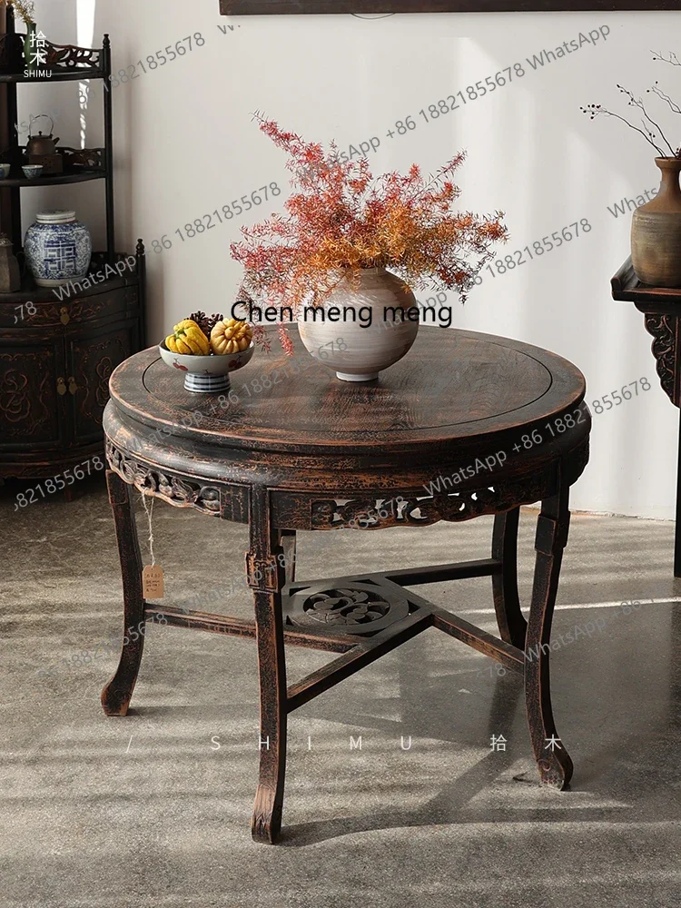 

Small round table solid wood Chinese antique old dining table and chair combination tea round table