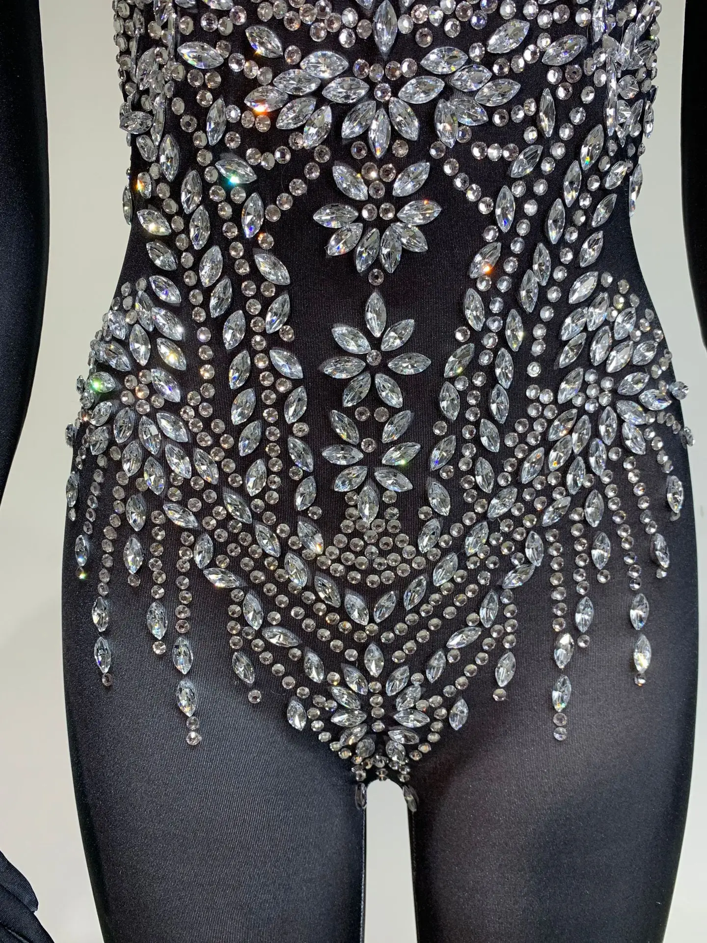 Mono negro para mujer, vestidos para ocasiones especiales, guantes, manga, cuentas de cristal, ceñido al cuerpo, vestido de noche para discoteca, disfraces de espectáculo de escenario
