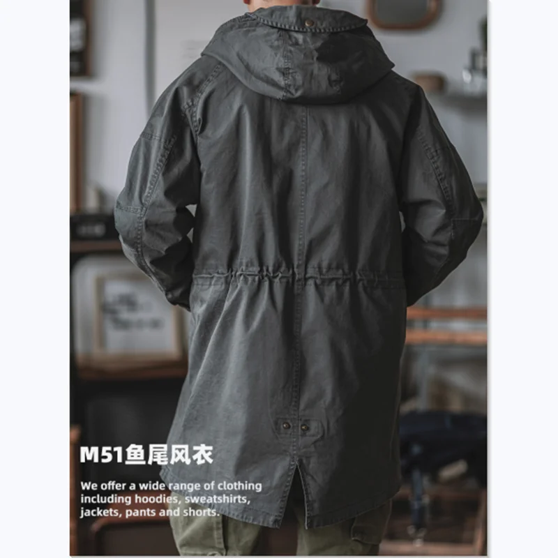 Retro M51 Army Green Windbreaker Fishtail Parker Hooded Jacket AMEKAJI Long Coat Outdoor Trekking Training Military Camp Clothes