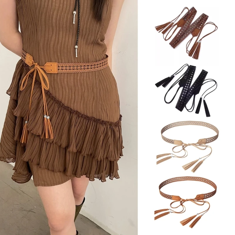 

Vintage Woven Hollow Flower Waist Belt with Tassels Bohemia Women Y2K Girls Casual Waistband Street Dance Cowgirl Belt Strap