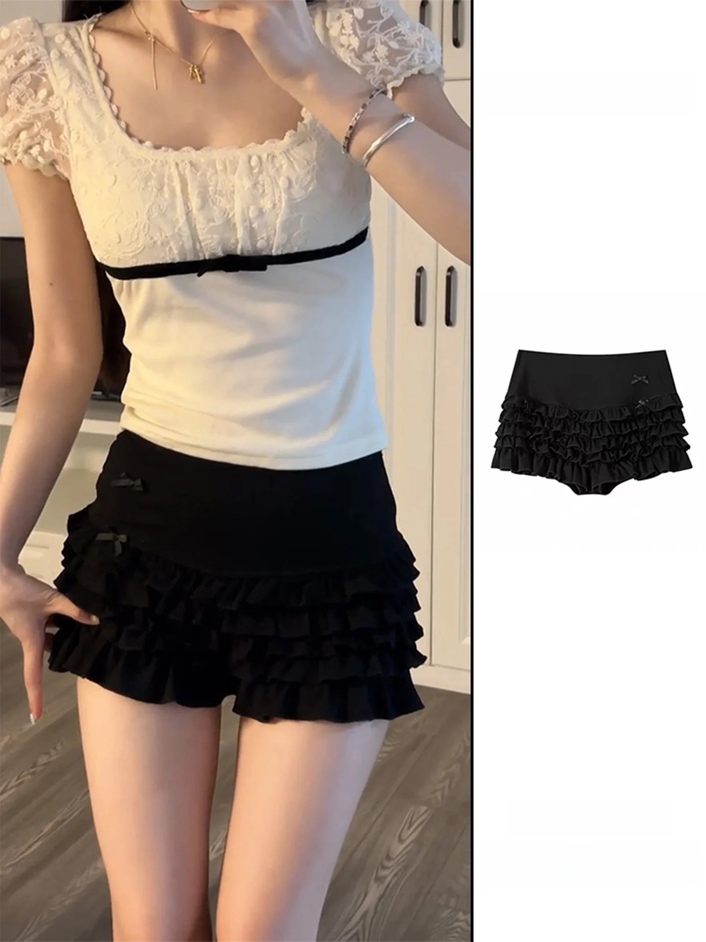 Black Bowknot Cake Skirt Women's Summer High Waist Wooden  Flounce Short A-Line  Skirt Breathable Casual Skirt