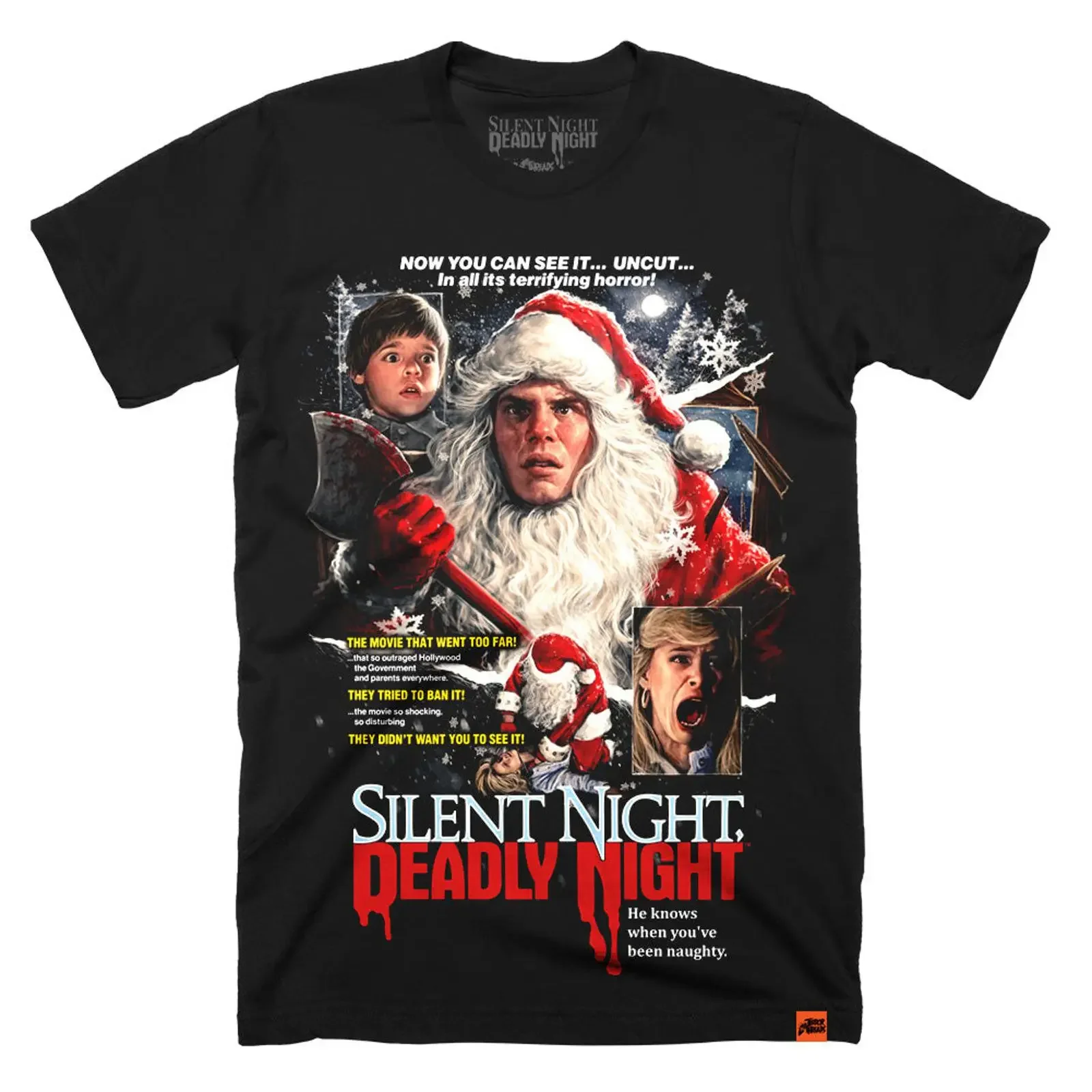 Silent Night Deadly Terrifying Horror T Shirt featuring killer Santa Claus with axe and vintage movie artwork vintage Washed