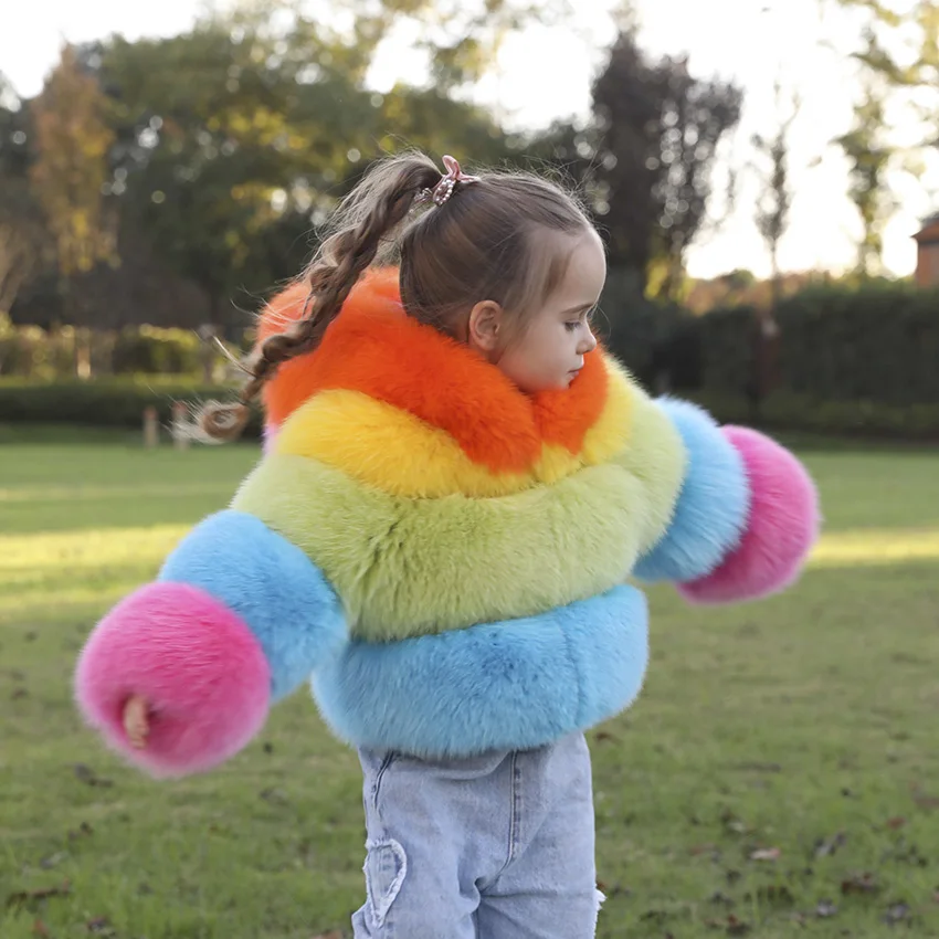 

JANEFUR Children's Winter Three Sections Splicing Real Fox Fur Hooded Coat Colorful Coat JFF1-22001 ﻿