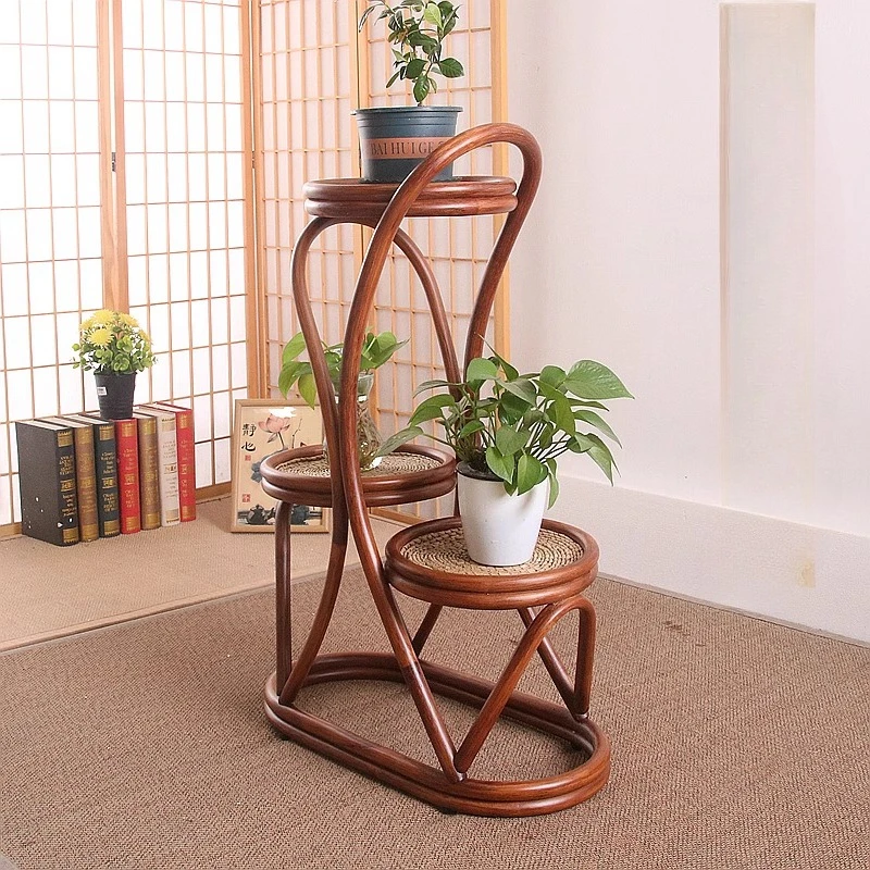 Rattan Floor Plant Stand Multi-Tier Indoor/Outdoor Shelf for Balcony & Living Room Boho Woven Flower Holder with Storage Space
