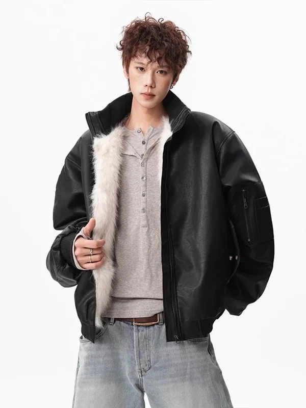 

Men's PU Leather Baseball Jaet Thiened Fce Inner ort Sle Warm Coat Youth Faion Winter Outerwear Casual Wear