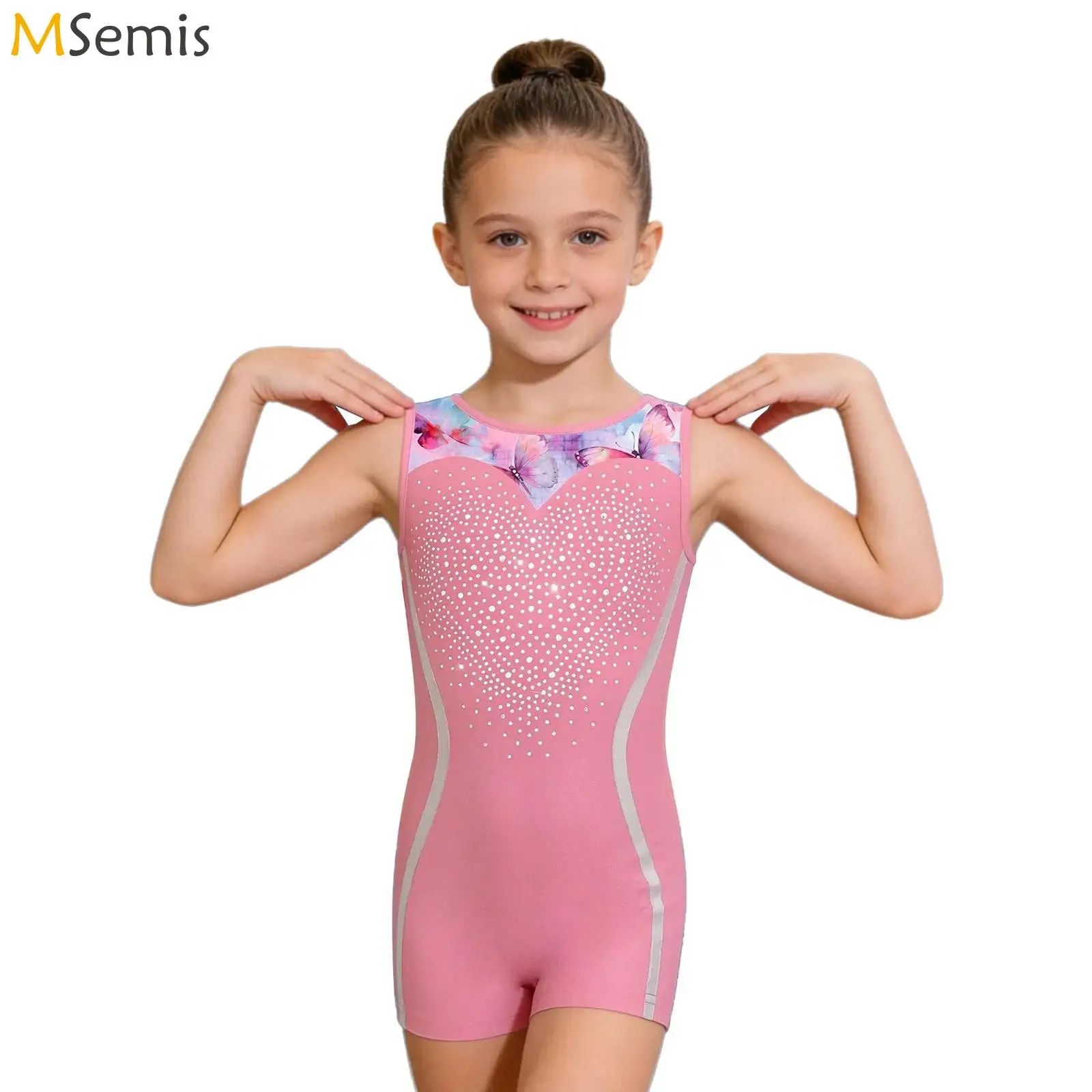 

Kids Girls Rhinestones Rhythmic Gymnastics Ballet Jersey Leotards Jumpsuit Sleeveless Printed Shiny Ballet Jersey Dance Costume