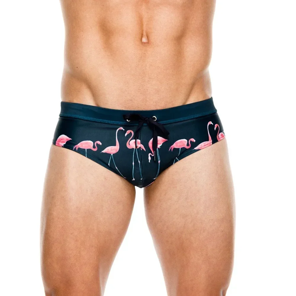 Men Swim Briefs Sexy Flamingo Print Surfing Board Shorts Beach Boxer Trunks Bathing Suit Bikini Swimsuit Swimwear Navy