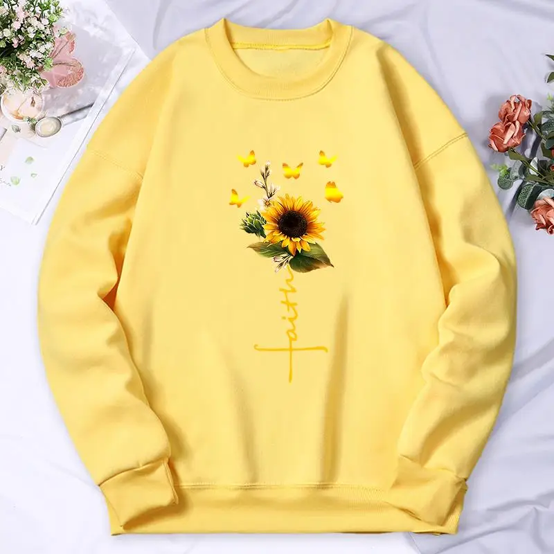 Sunflower Butterfly Beautiful Prints Womens Sweatshirt Simple Loose Autumn Hooded Street Fleece Warm Hoodies Crewneck Pullover