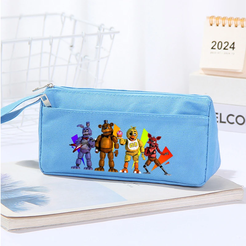 خمس ليال في فريدي 2 مقلمة لطيف أنيمي النايلون القلم حقيبة طالب طبقة مزدوجة سعة كبيرة قلم رصاص الحقيبة أكياس القرطاسية