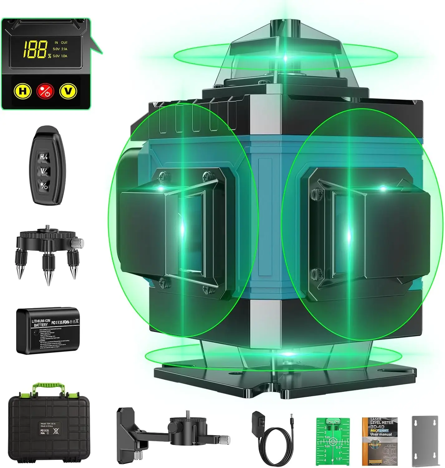 

16-Line 360° Green Laser Level, Self-Leveling, 4D Cross Line with Remote & Adjustable Brightness, for Tiling, Construction, and