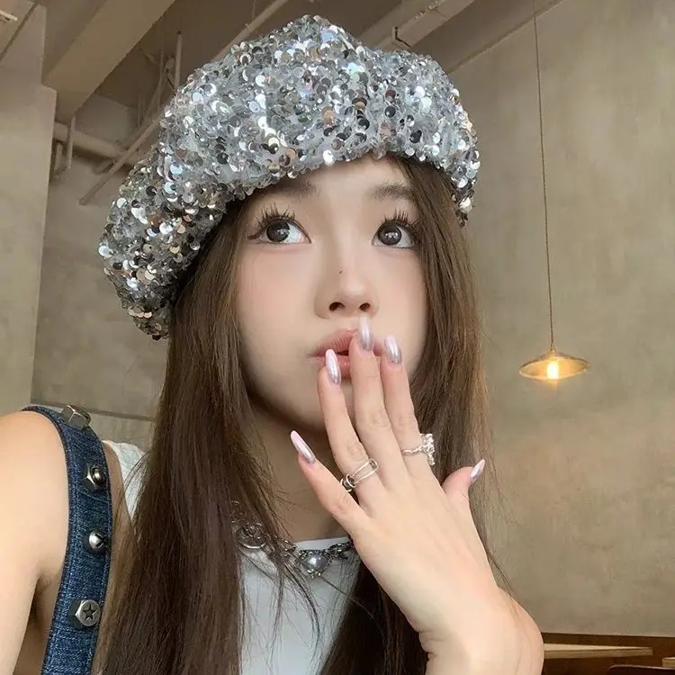 INS Niche Design Sparkling Sequin Beret Hat Female Big-headed Cloud Hat Autumn and Winter Nightclub Costume Hats