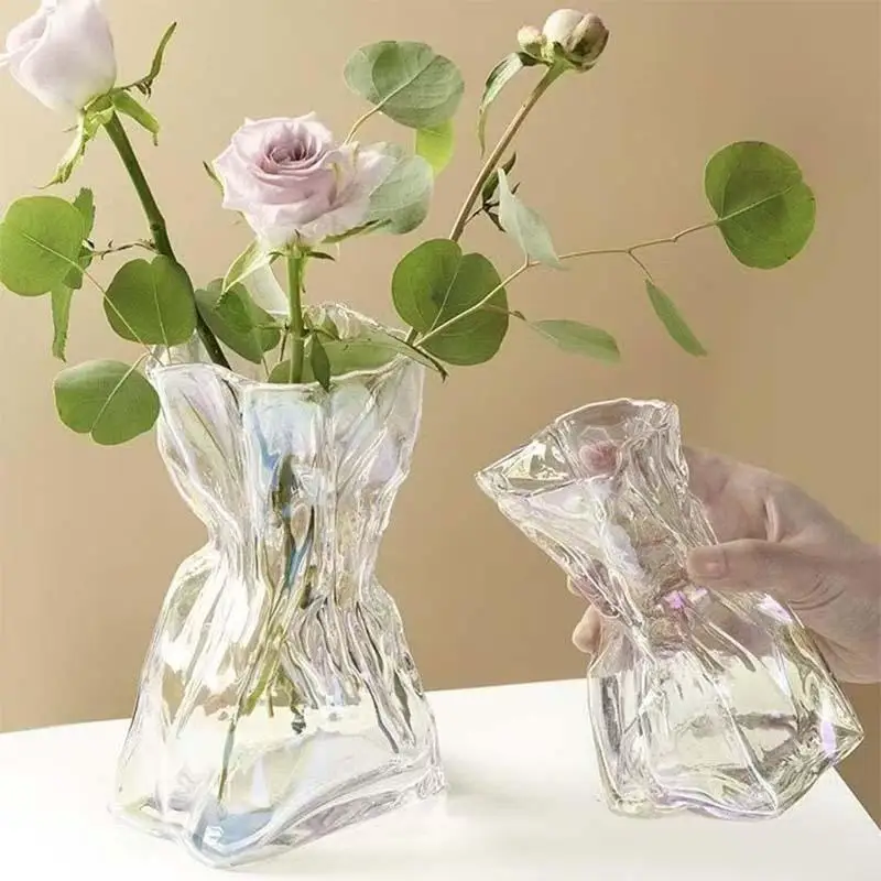 Creative Folded Money Bag Transparent Glass Vase Big Flower Bottle Tabletop Hydroponic Pot Home Living Room Table Decoration view 2