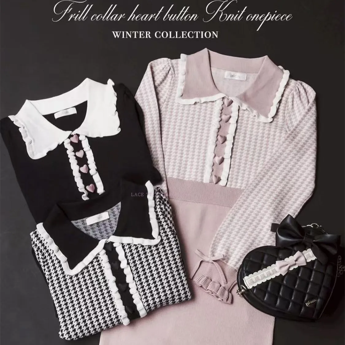 Vestidos de manga larga de otoño estilo japonés Original de gama alta pata de gallo Jacquard Patchwork con volantes vestido de punto de cuello pequeño