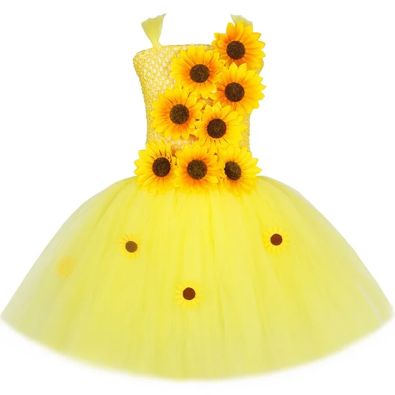 خريف الخريف عباد الشمس الجنية تأثيري اللباس للفتيات عيد الشكر عطلة حزب زي مجموعة الأصفر الاطفال زهرة فتاة توتو فساتين #6