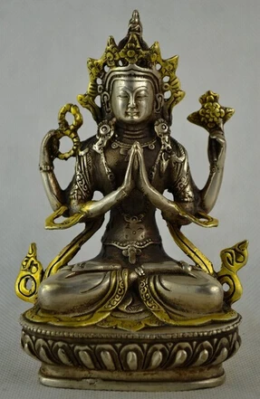 

Copper Brass CHINESE crafts Asian Exquisite Chinese Old Handwork Miao Silver Gilding Buddha Exorcism Auspicious Statue