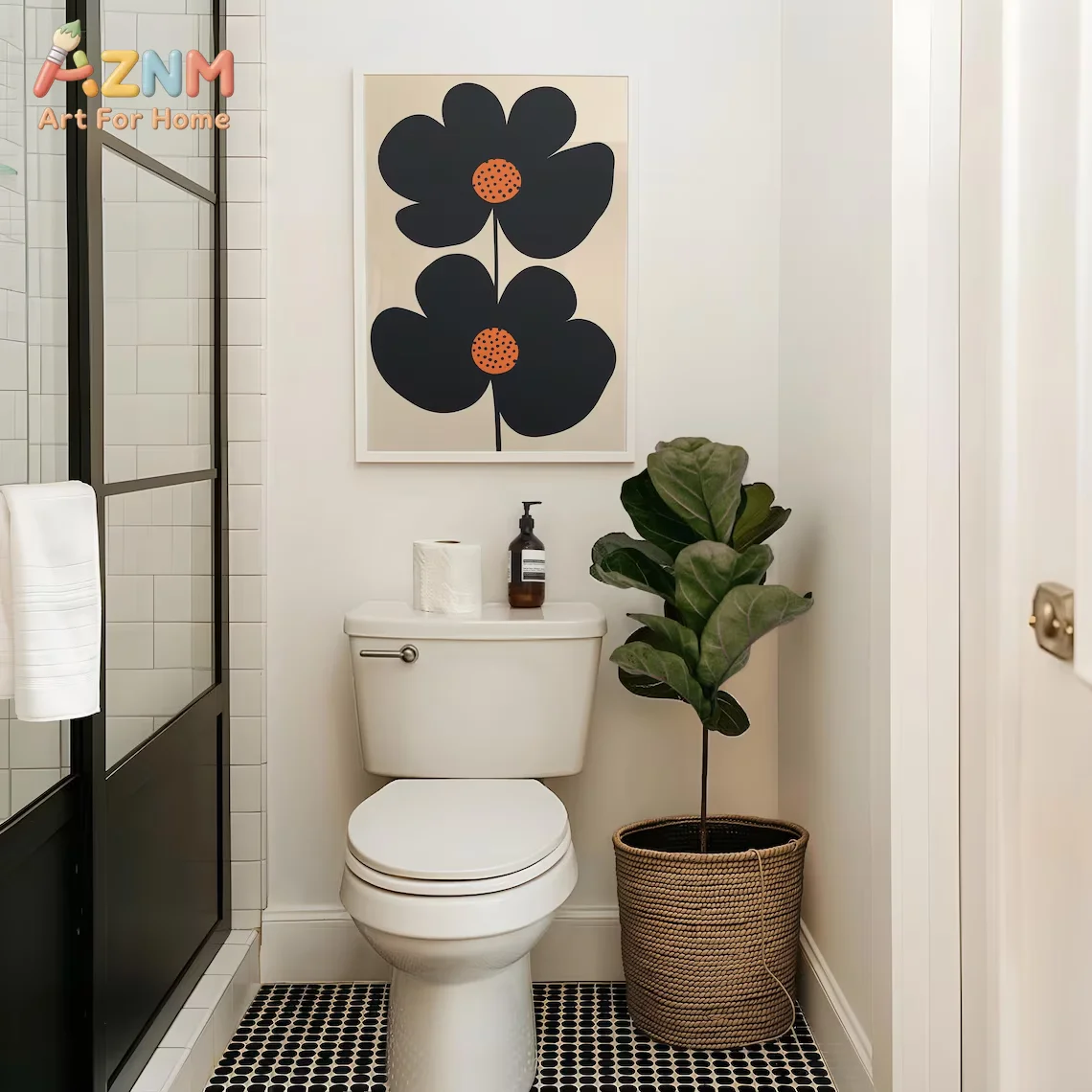 AZNM Minimalist Black Flower Canvas Print Abstract Floral Orange Dot Center Beige Background Simple Modern Wall Poster Unframed